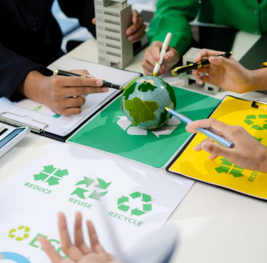 Engineer Teamwork Meeting, with partner on model building at company office working technology, Renewable energy-based green businesses and global warming.