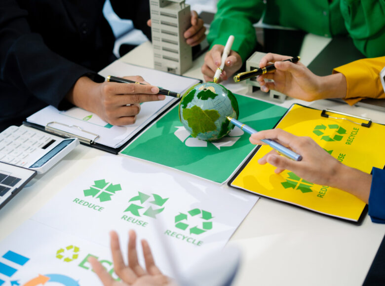 Renewable energy-based green businesses and global warming. Engineer Teamwork Meeting, with partner on model building at company office working technology, Renewable energy-based green businesses and global warming.